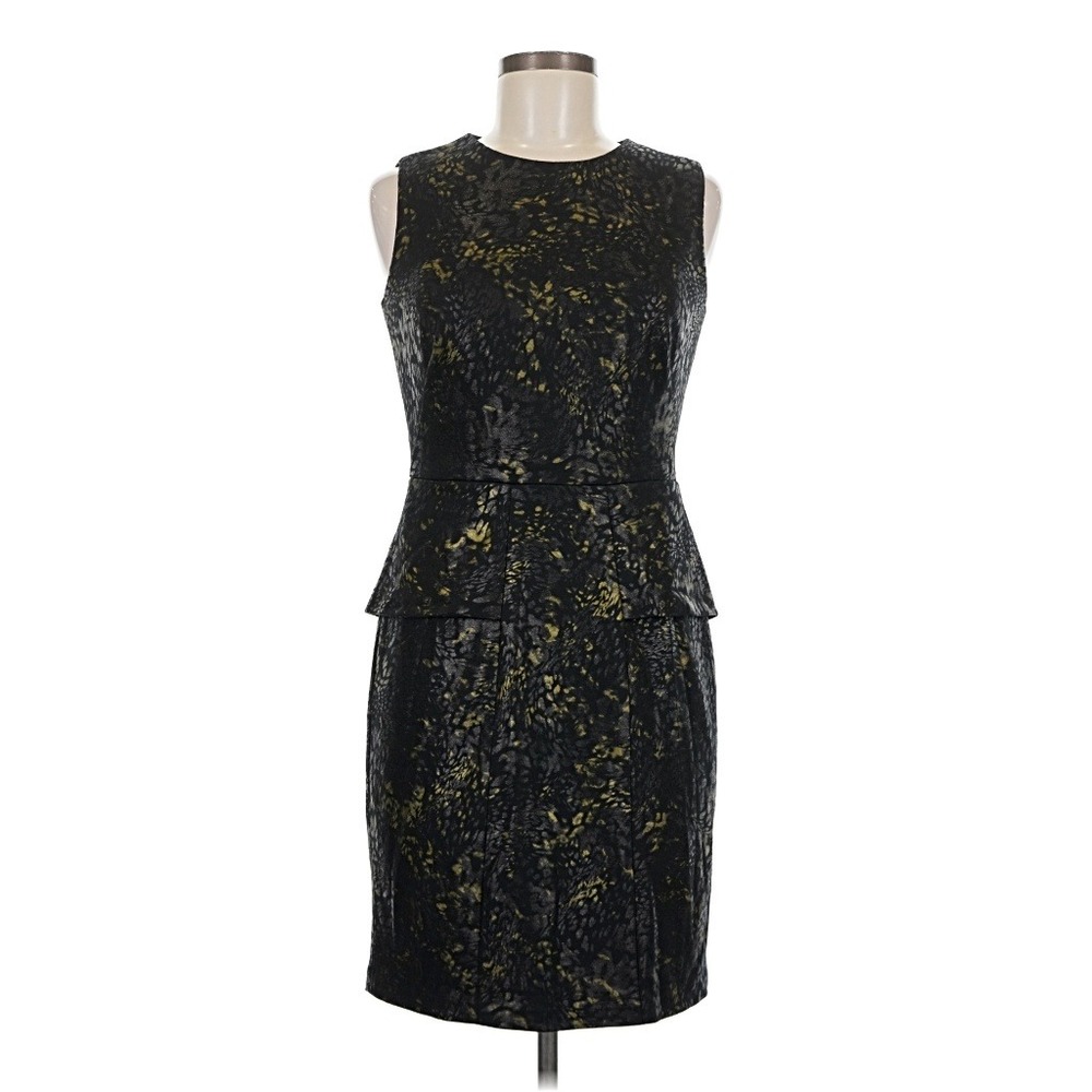 Cynthia Steffe Women Black Gold Metallic Jacquard Peplum Sheath Dress Size 8